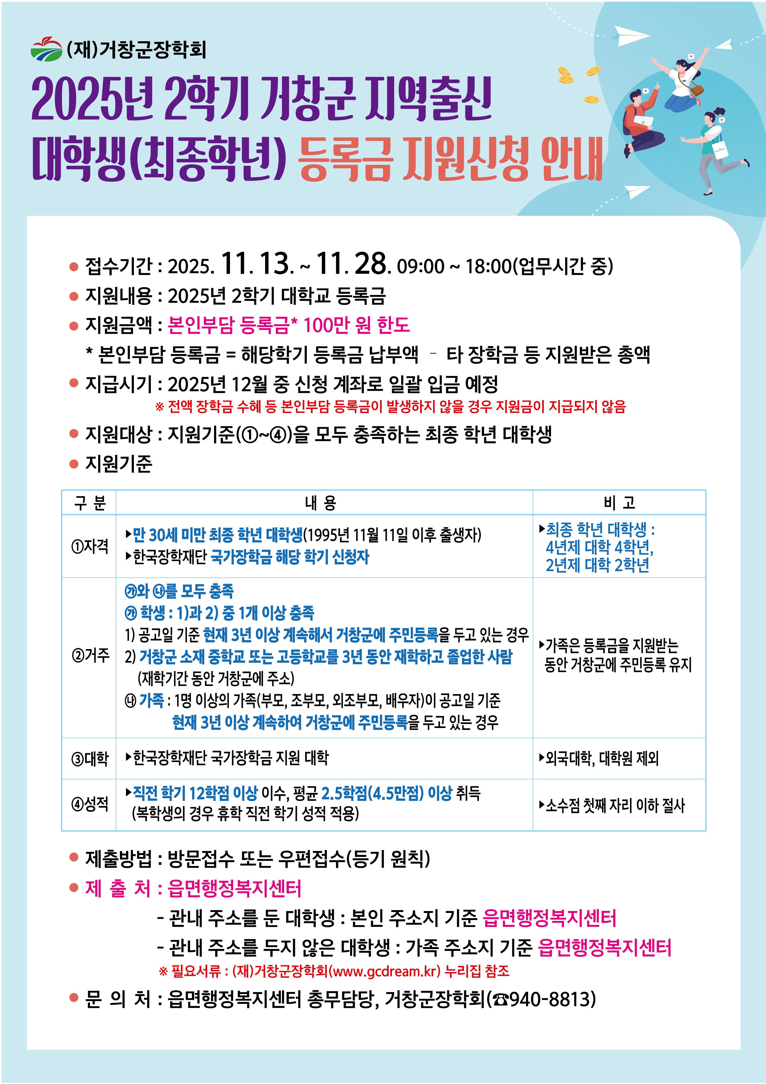 홍보자료(2025년 2학기 거창군 지역출신 대학생 등록금)